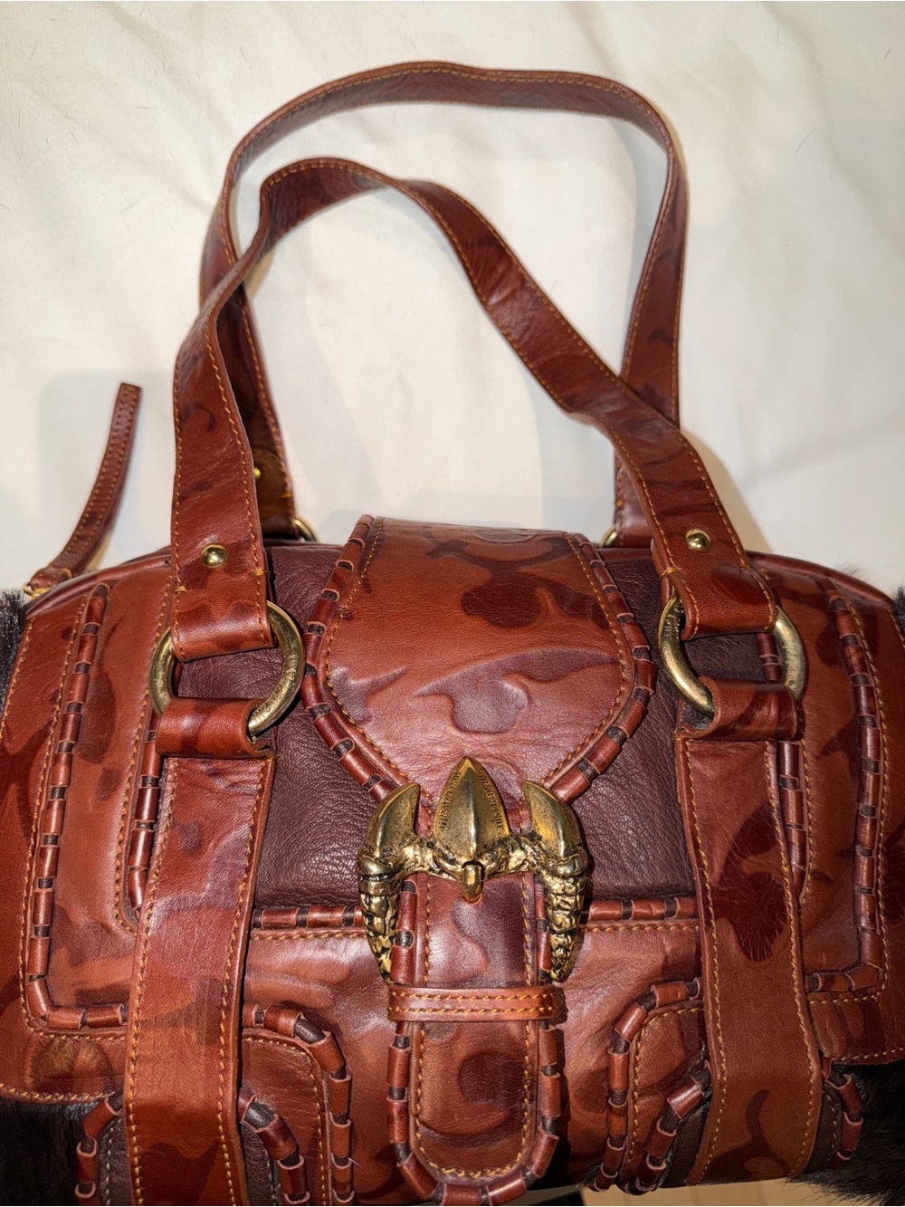 Just Cavalli Vintage brownLeather and Fur Accent Shoulder Bag with Gold Hardware - Picture 7 of 16